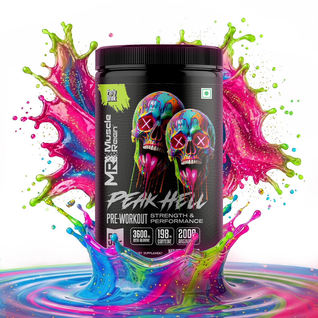 Muscle Reign Peak Hell Pre-Workout Party Drink flavour — 3600mg Beta Alanine, 198mg Caffeine, 2000mg Arginine, 50 servings